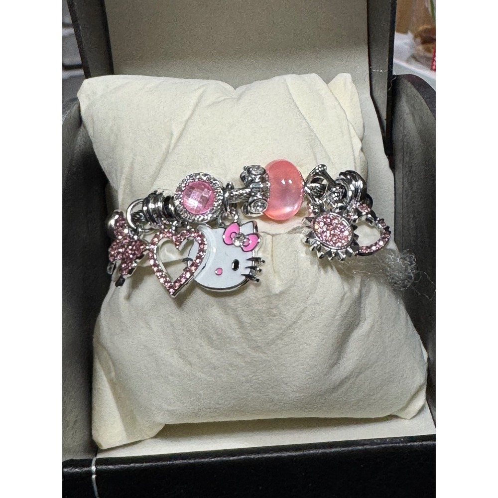 Hello Kitty Charm Bracelet Pink Heart Rhinestone Silver Tone Women's Fashion